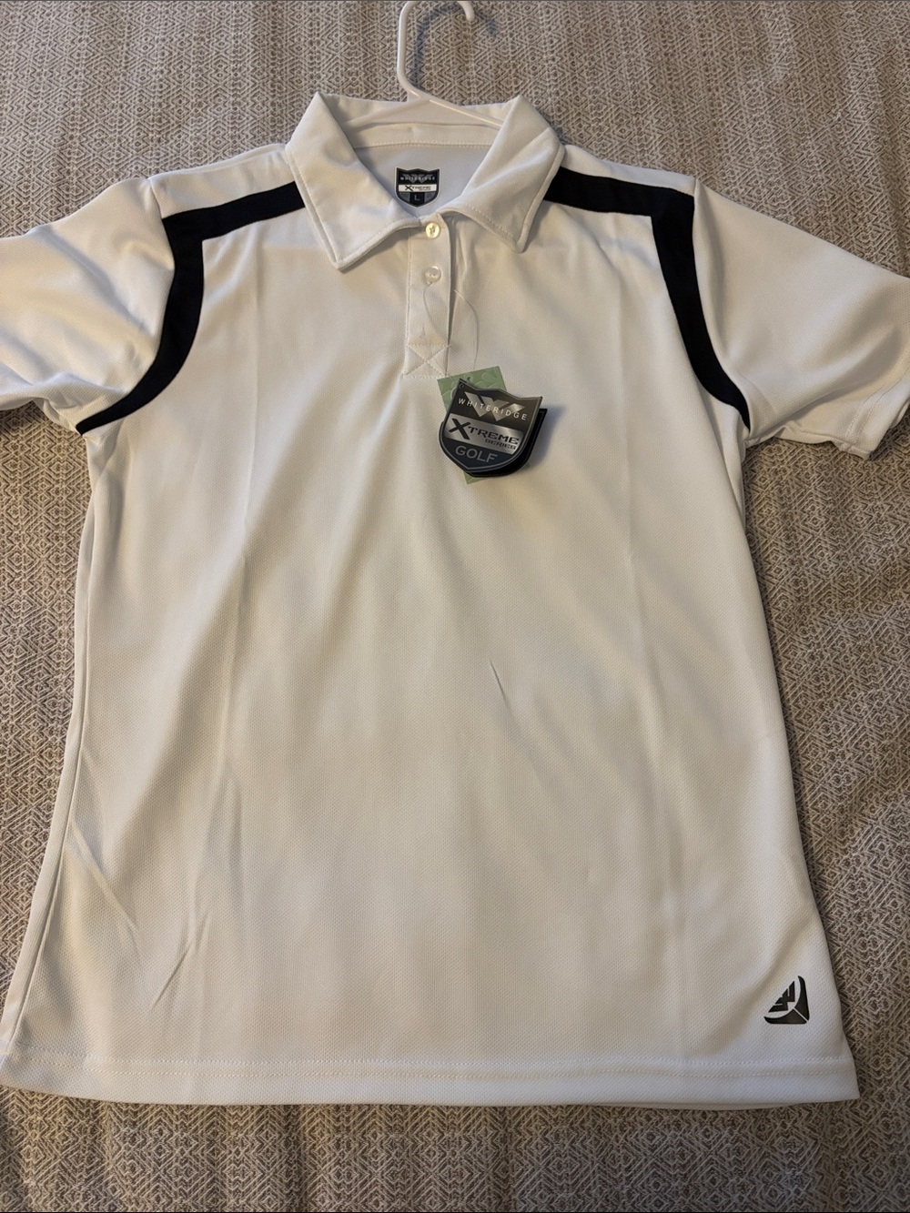 Boys' White Golf Polo with Black Shoulder Accents